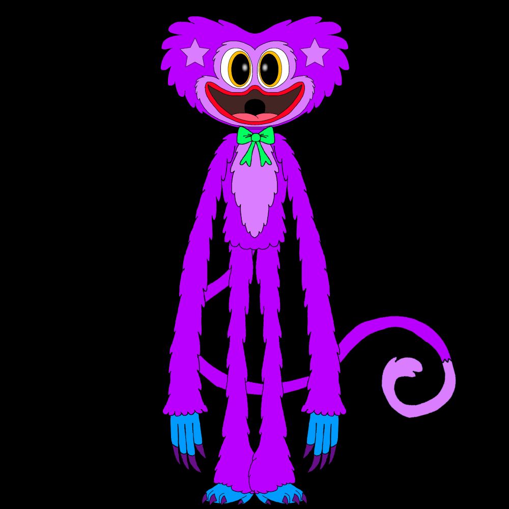 Starry Warry, an Huggy Wuggy Oc with a monkey-like tail, purple fur, and blue hands and feet with dark purple claws