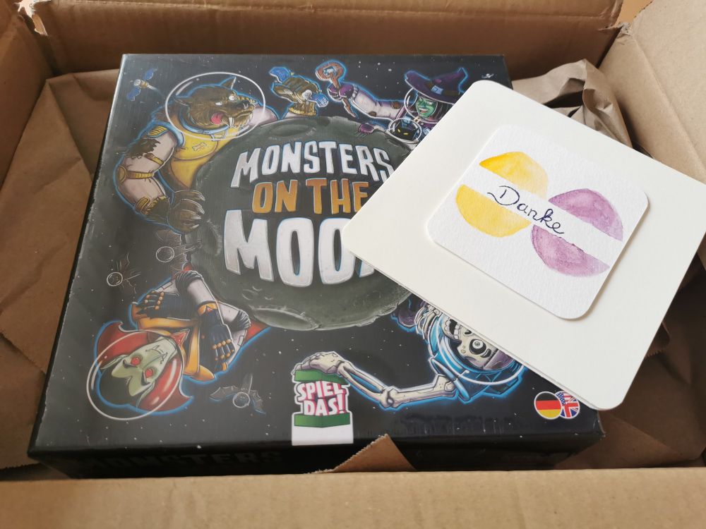 Monster of the moon Spiel und wunderschöne selbstgemachte Karte (gelbe und lila Ostereier mit Danke) 