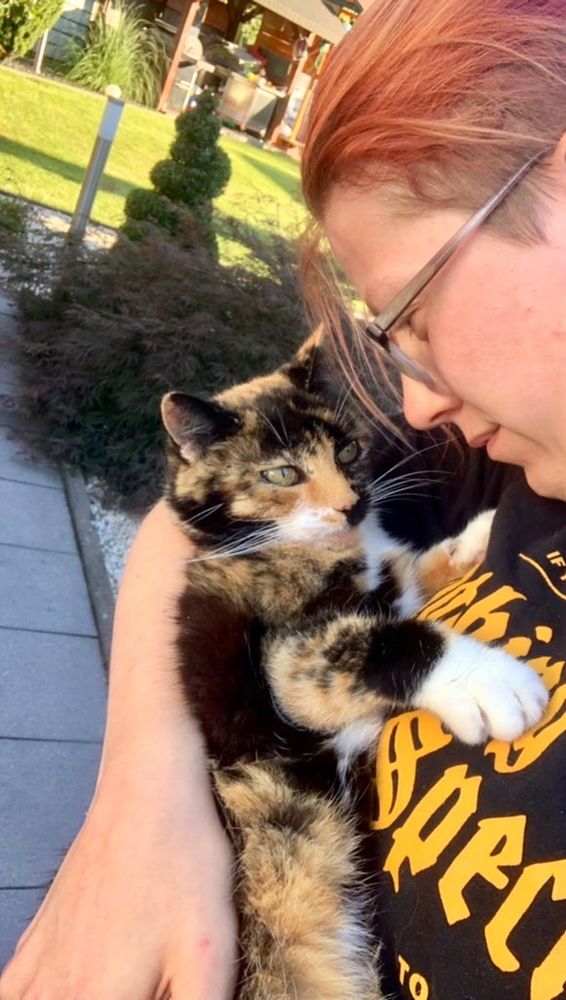 Mutti mit einer bunt gemusterten Katze mit weißen Pfoten auf dem Arm, im Garten auf einer Terrasse stehend. sie guckt runter zu der Katze, die Katze hat eine Tatze auf Muttis  Brust und guckt sie mit grünen Augen an (ich trage ein schwarz/ oranges tshirt)
