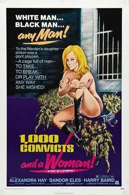Artwork poster for 1000 CONVICTS AND A WOMAN. A woman kneeling and concealing her breasts as she wears only panties. She is surrounded by small images of a crowd of convicts. 