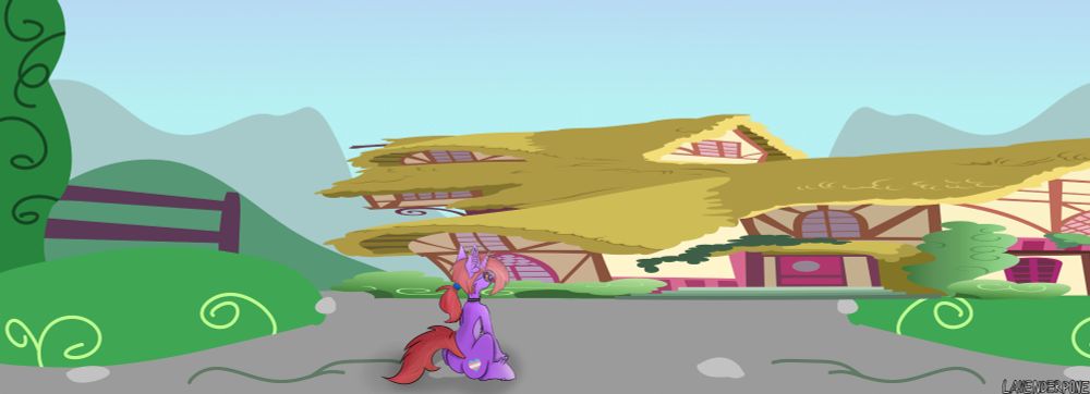 Art of a Puprle unicorn OC with red hair and eyes named Vogia standing in ponyville and a house that is streched