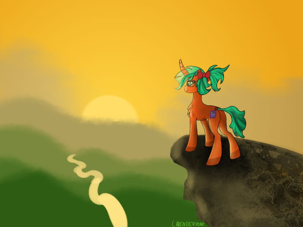 OC pony art of an orange unicorn with glasses, blue eyes, blue mane and tail and a hair bow looking over the horizon on a rock to a sunset