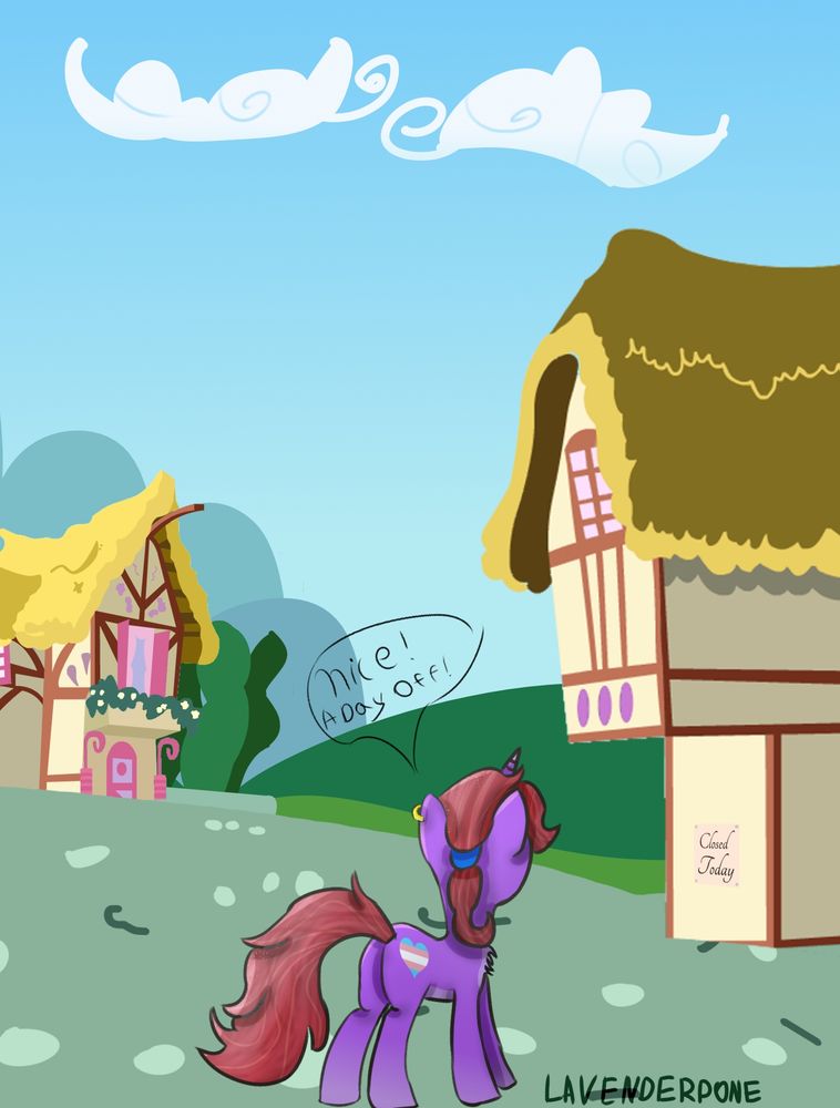 art of a purple coated and red mane and tailed pony looking at a sign that says "closed today" while saying Nice! A day off!