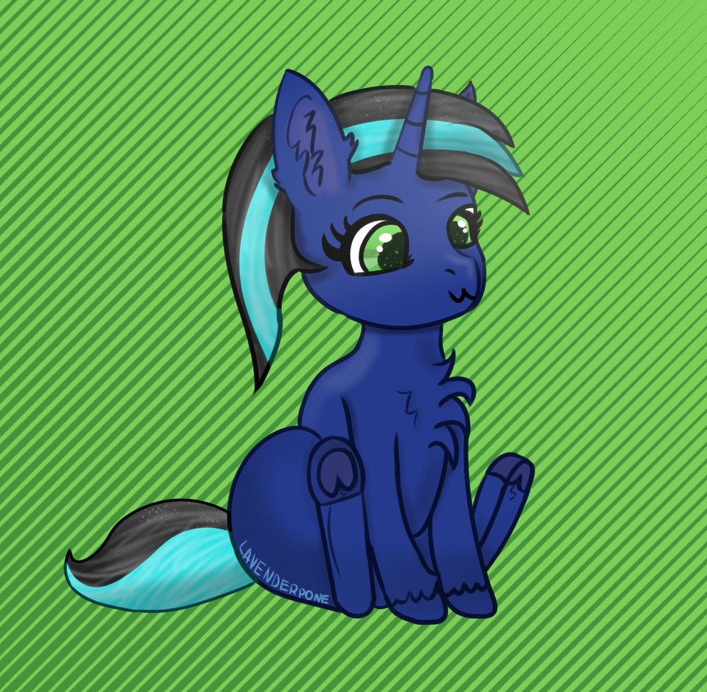 A blue unicorn with green eyes and black and cyan mane and tail sitting