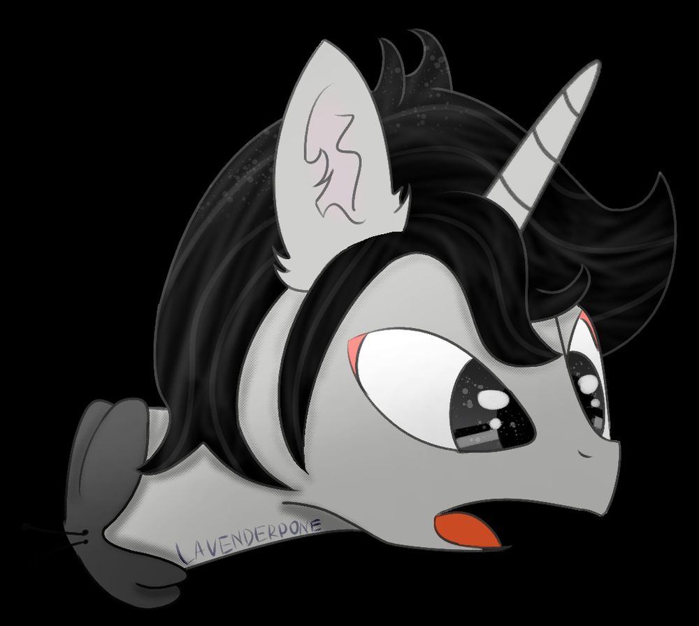 a monochromatic unicorn looking to the right with a funny face