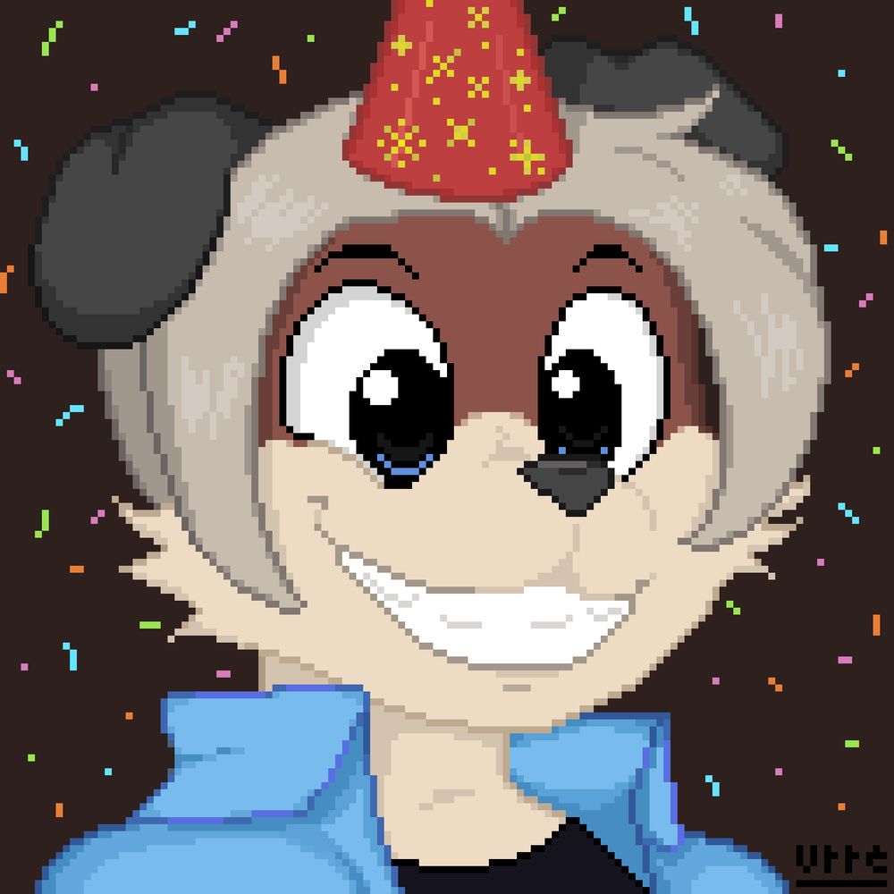 Headshot made in pixelart (128x128 pixels resized to 1280x1280) of the character Skiddog, Skiddog's sona. He has a happy grin with a pointy red party hat on his head with confetty around him. He's happy because it's his birthday.