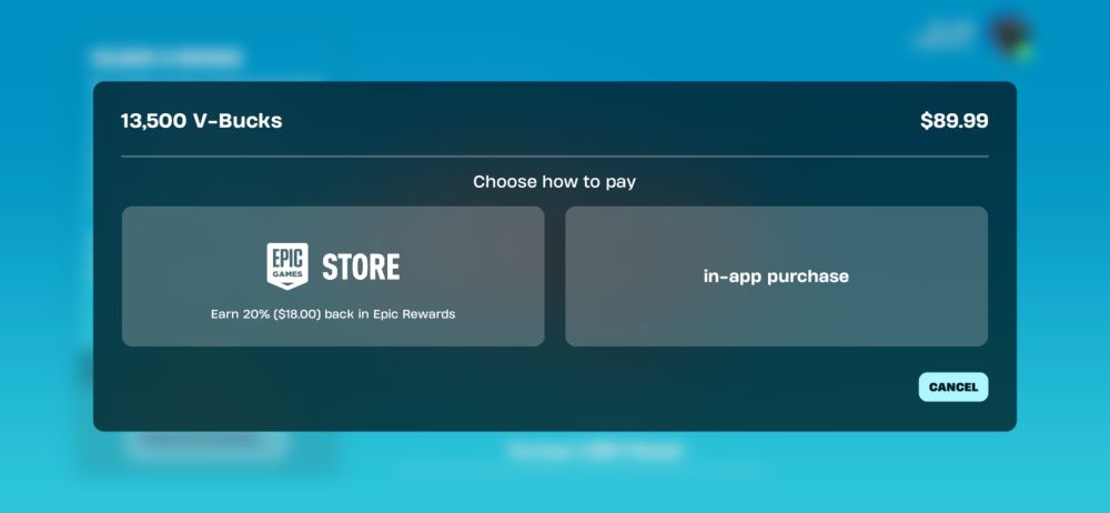 Fortnite on iPhone promoting for buying vbucks from either in app purchasing or “the epic store”