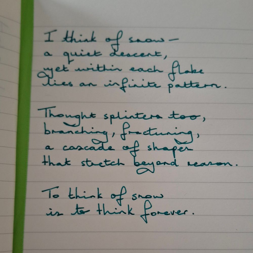 I think of snow—
a quiet descent,
yet within each flake
lies an infinite pattern.

Thought splinters too,
branching, fracturing,
a cascade of shapes
that stretch beyond reason.

To think of snow
is to think forever.