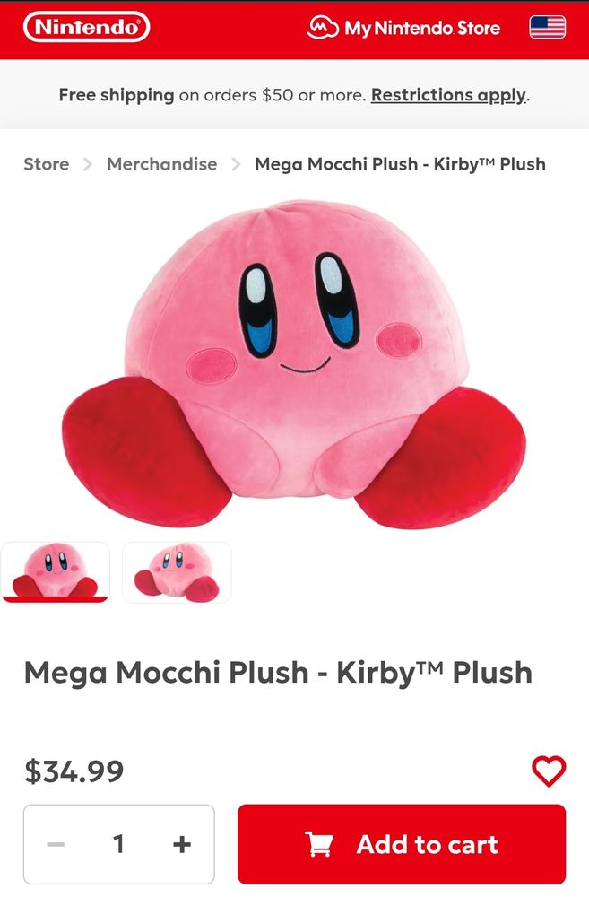 A shop listing for a Mega Mocchi Plush Kirby, listed at $34.99. the plush is round and pink with large eyes and a smile