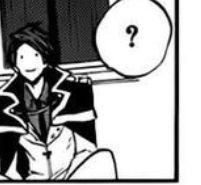 Umineko episode 8 manga, displaying Battler whose face has been simplified to two dots for eyes and a curved line for a mouth not unlike the emoticon. 

A text bubble floats next to him. It reads "question mark"