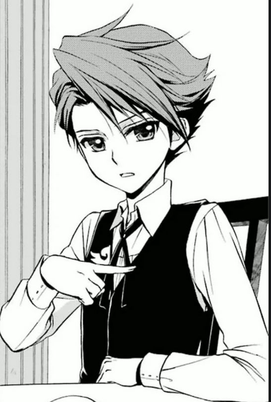 Umineko Manga Episode 7 displaying a 12 year old Battler casually sitting at a table using his right arm to point towards his own heart as he leans on his left.

he's got a serious look in his eyes, and his hair is delightfully spiky.