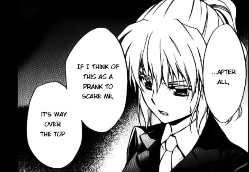 Umineko manga episode 7 screenshot displaying Jessica a sweatdrop on her cheek telling an off-screen Will "...after all, if I think of this as a prank to scare me, it's way over the top"