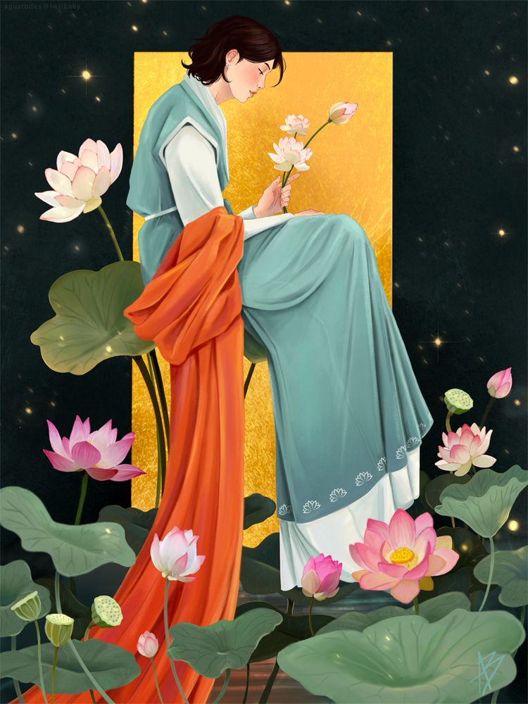 my artwork of yoongi, in which he sits sideways and gazes at some lotus flowers, while supported by one in a lake full of lotus. there's a gold panel behind him, and he is surrounded by glimmering stars. he's wearing a light blue hanbok-inspired robe, with an orange scarf hanging from his elbows. this is yoongi in my eyes, our lotus flower blooming in a cruel world.