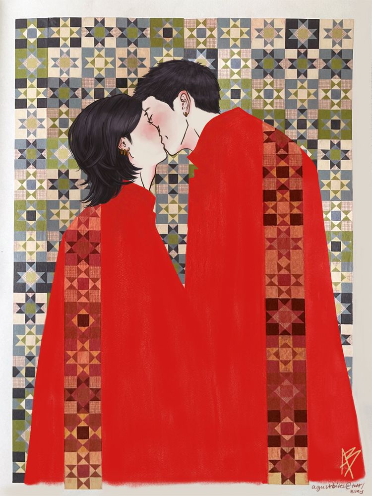 Namgi art - namgi share a kiss, Yoongi's nose forming a little dent in Namjoon's cheek, and Namjoon's dimple showing due to the kiss. Both wear a red cloak that merges into one another to give the impression of 'belonging'. There is a patchwork star-shape pattern running in one strip down both of them, coloured in tones of dusty yellow to dark red. The same pattern forms the background in greens and blues. Their faces are white with a watercolour-like stain of pink in the places of the face that have more warmth (cheeks and ears), as well as shading on the neck. Both have dark hair that verges closer to grey-blue. 

This piece came from my sketchbook. I took a photo and then went over elements of it in Procreate to render it more. This came about through just playing around, so it is not my typical style of art. It is a little strange and weird, but I like how vibrant the red is and the play of the pattern alongside the solid forms of the cloaks. It took a while to figure out how to render namgi's faces and hair in this, but finally I decided a black outline would lean into more of the graphic style. 

In the back of my mind, I was thinking about how Namjoon and Yoongi's lyrics call back to each other, and how they are so often two sides of the same coin. I also wanted to bring in the feeling of 'oneness' with your lover. They rise as one form before separating, but they form together again through the kiss. 