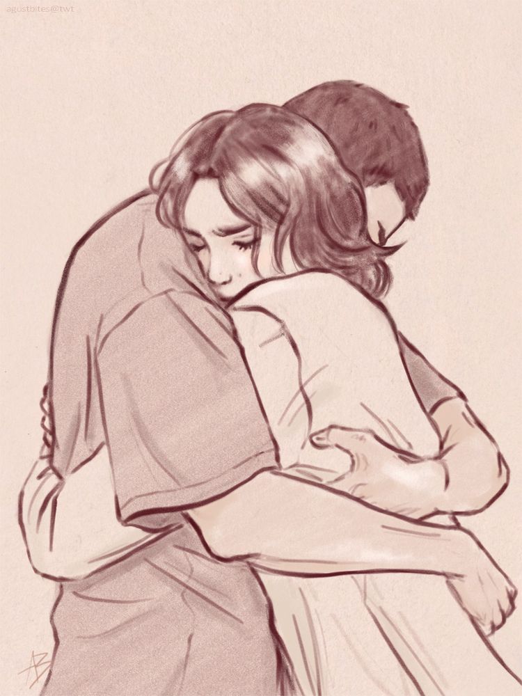 Quick digital sketch using warm brown tones of Yoongi and Namjoon hugging. The hug is engulfing and speaks of safety. Namjoon's face isn't visible, except for a furrowed brow. Yoongi is tucked into Joon's embrace, his cheek pressed into Joon's shoulder. Yoongi's eyes are closed, like he's getting a hug he's needed for too long. A little detail I like is that Joon's embrace reaches across more of Yoongi's figure due to their size difference, and the grip he has on Yoongi is causing a little bunch to Yoongi's shirt :') I drew this because I really missed them both. I hope they get all the hugs they need. 