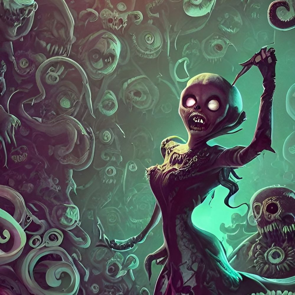 A boney figure in a room of distorted faces.