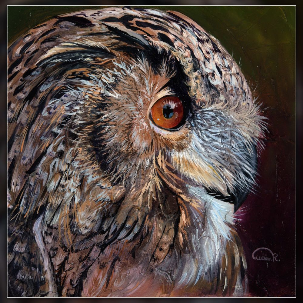 Close-up oil painting of an eagle owl with intense orange eye, detailed feather texture, and rich mixed tones, titled Reflected Intensity by wildlife artist Allison Richter