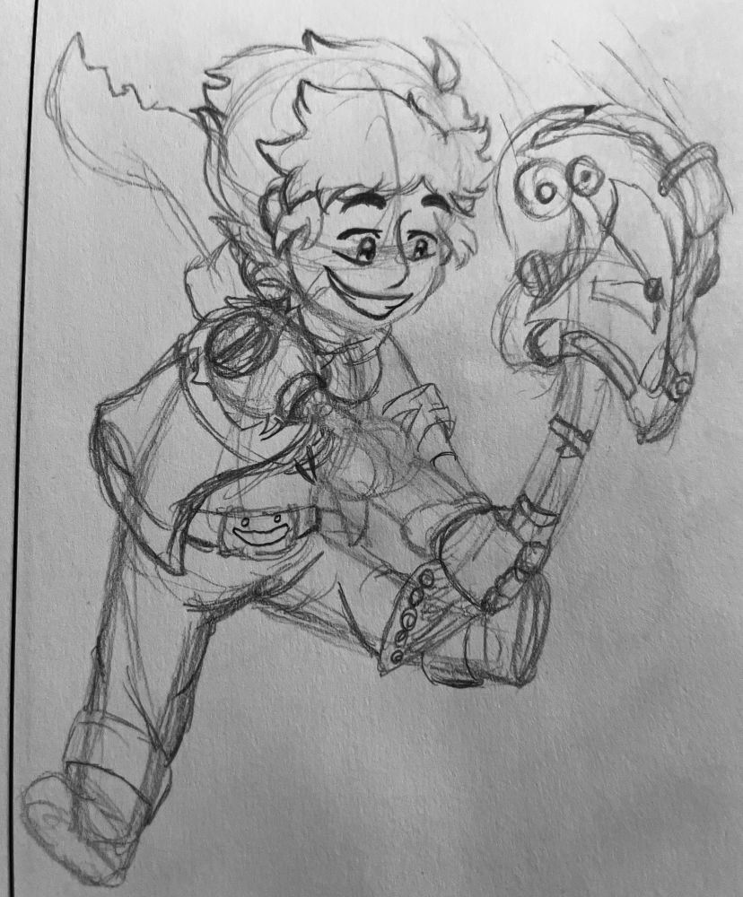 Chai from the video game Hi Fi Rush jumping and slamming his guitar down towards the ground