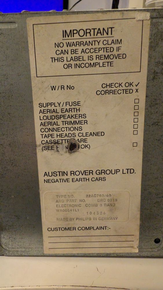 Austin Rover supplied Philips 22AC760 viewed from the bottom label.