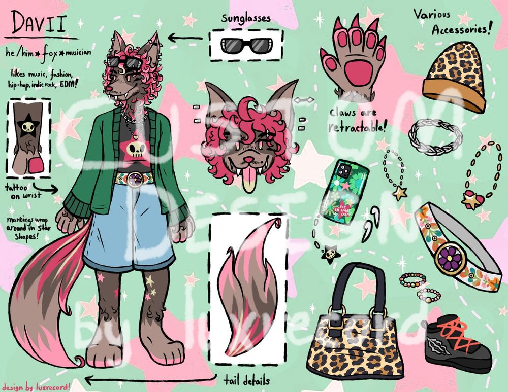 a reference sheet for an anthro fox named Davii. he is brown and hot pink, with pink and light yellow eyes. he wears a black shirt, green cardigan, and large oversized denim shorts. he also has several piercings and a pair of bedazzled sunglasses worn on his forehead. various accessories are shown alongside him, including a leopard print tote bag, leopard print beanie, chain necklace, two longer chain necklaces with star pendants, two beaded bracelets, a floral pattern belt, black sneakers with neon laces, a phone with a green retro flower pattern case and a charm of his logo hanging from it, and a pair of airpods.