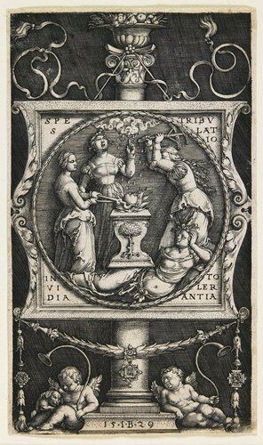 This dazzling allegory is no bigger than a bookplate, which evidently it was. Its presumed owner was Willibald Pirckheimer, a prominent Nuremberg humanist and scholar (and Albrecht Dürer's best friend). Here Tribulation beats an anvil, Envy casts a disdainful glance, Hope looks up to see soothing drops fall on the flaming heart, and Tolerance rests patiently below. The iconography suggests that patience in the face of hardship brings grace, a fitting sentiment considering Pirckheimer was ill when the engraving was completed and died the following year.