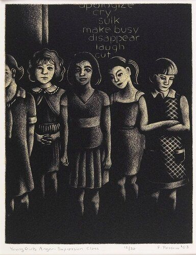 five girls, all wearing dresses, standing in front of a board with the following words: "apologize / cry / sulk / make busy / disappear / laugh / cut"; yellow and black