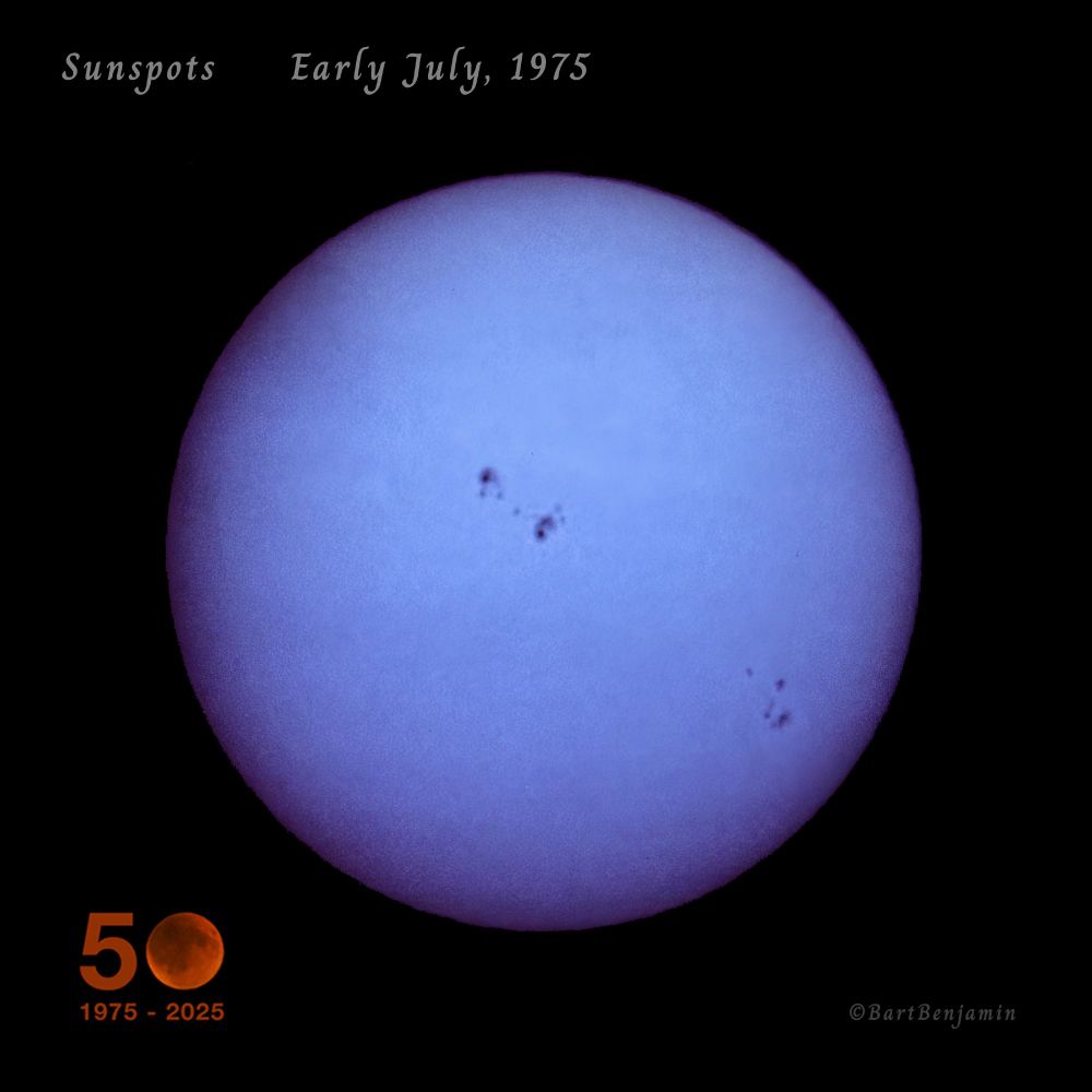 July, 1975: I took my first solar photos through my original 4¼ inch reflecting telescope fitted with a Solar Skreen filter. Taken with Kodak Instamatic camera on Kodachrome 64 slide film.