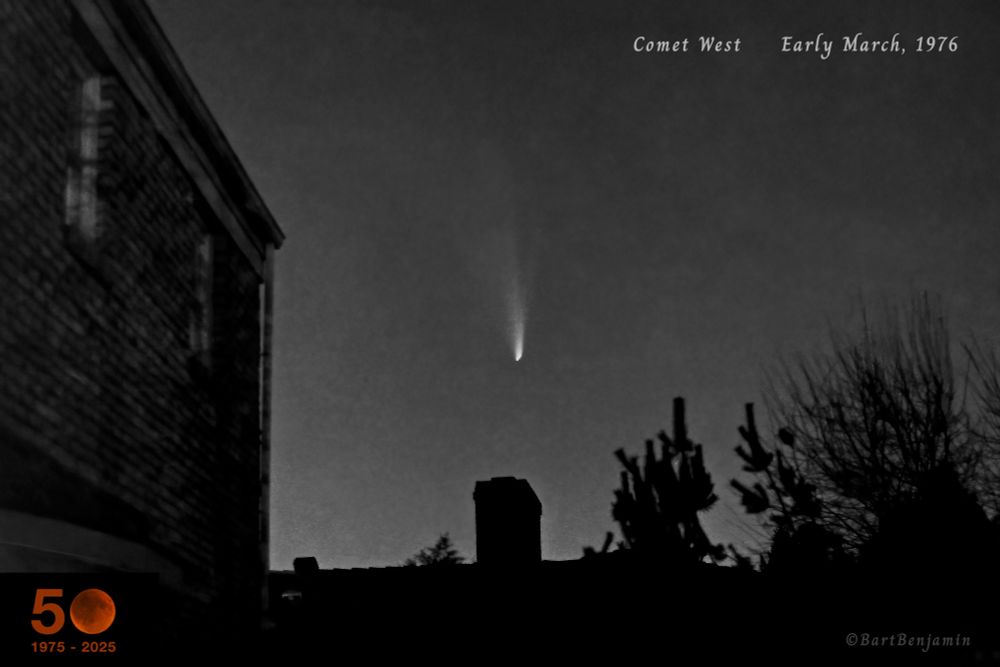 Early March, 1976: One month after I purchased my Pentax SLR, a surprisingly bright Comet West appeared in the pre-dawn sky. Good timing, eh?! Amazingly, my first comet remains one of the best comets I’ve ever seen!! Taken on Kodak Tri-X film.