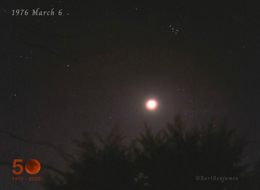 March 6, 1976: I took this image of an overexposed waxing crescent Moon amidst the faint stars of Aries and Taurus, with the Pleiades cluster sparkling nearby. Taken on Ektachrome slide film with my Pentax SLR.