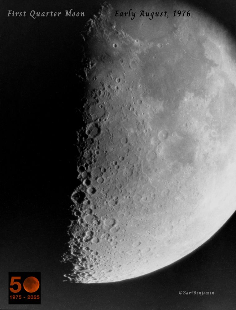 August 2, 1976: The face of the Moon is timeless, as seen here when I first mated my Pentax SLR camera to the historic 9-inch f/16 refracting telescope at Northmoor Observatory in Peoria, Illinois to capture its First Quarter phase. Taken on Kodak Tri-X film.