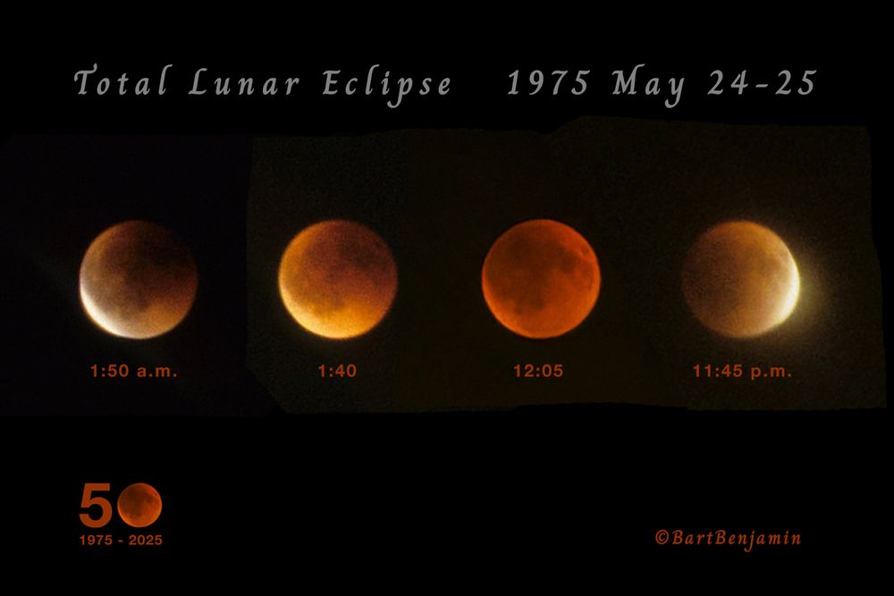 May 24-25, 1975: My first big astrophoto opportunity came when the U.S. enjoyed a late-spring total lunar eclipses that year. This montage gathers my best frames, taken on Kodachrome 64 slide film.