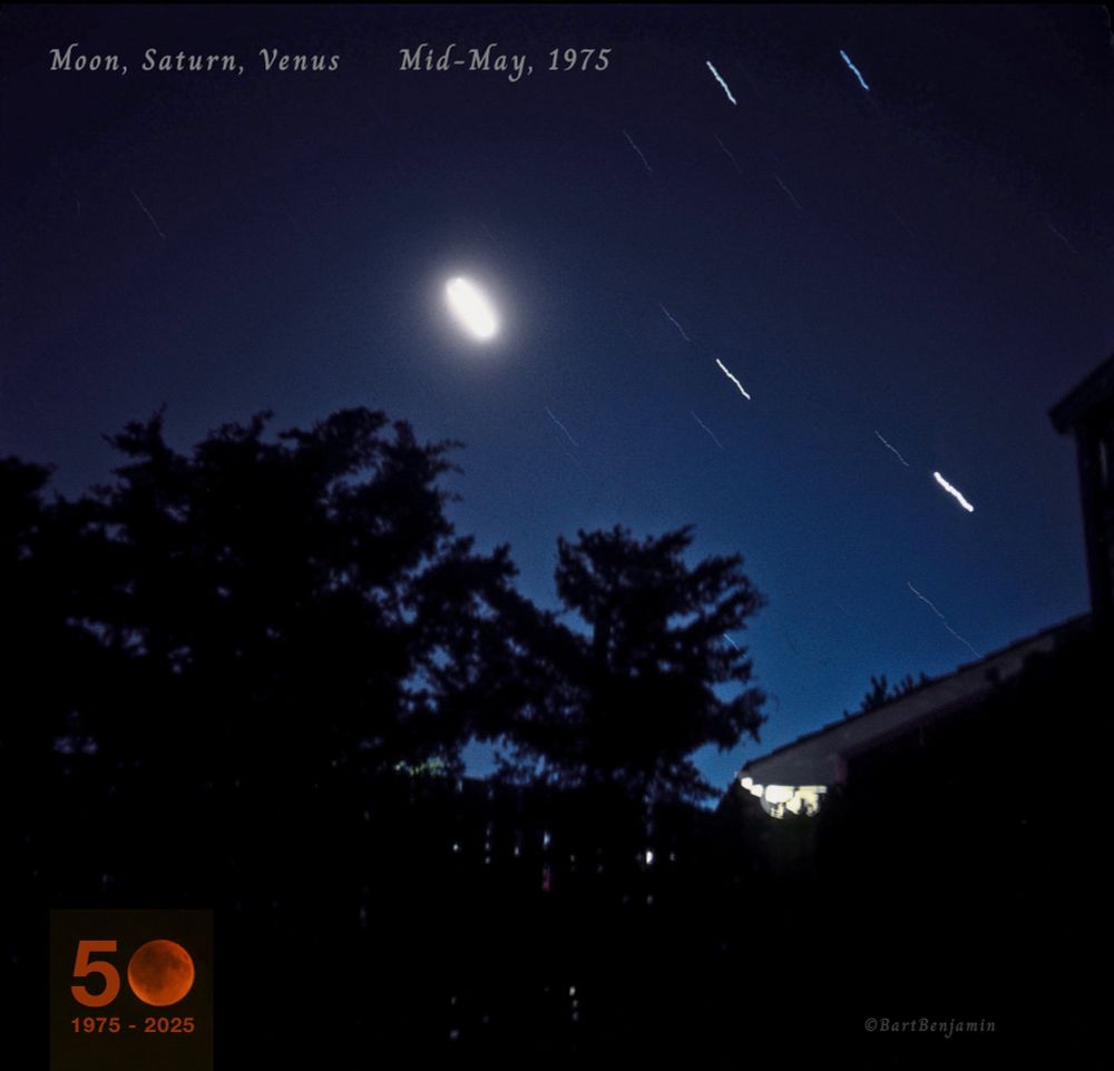 Early May, 1975: An early star trail photo. From the backyard of my family’s home in Peoria, Illinois, I captured the conjunction of a crescent Moon and the planets Venus and Saturn, with stars Castor and Pollux nearby. Kodachrome 64 slide film.