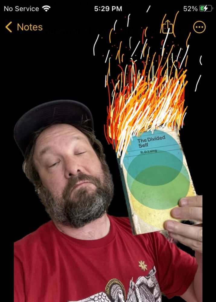 Guy holding a burning copy of a classic anti-psychiatry text about psychosis