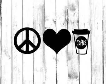 A picture of a peace sign, a heart, and a cup of coffee.
