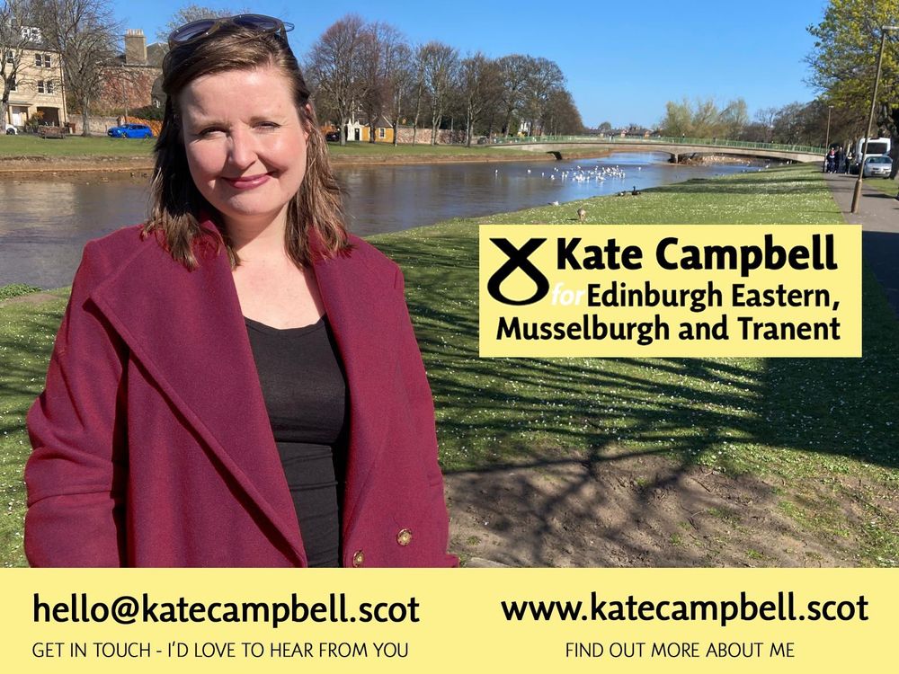 A picture of Kate Campbell in front of the Esk, a yellow banner gives contact details of the website www.katecampbell.scot