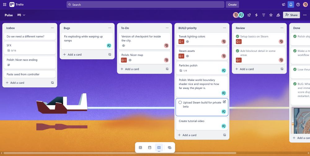 Screenshot of Trello showing several lists of tasks.