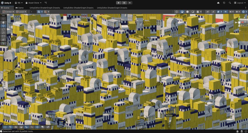 A screenshot from the game engine Unity showing a large collection of buildings. The overall image feels more like a pattern than an actual city scape.