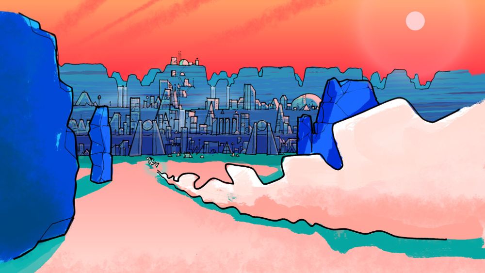 Sketch of a desert landscape with a city in the distance that is build against a canyon wall.