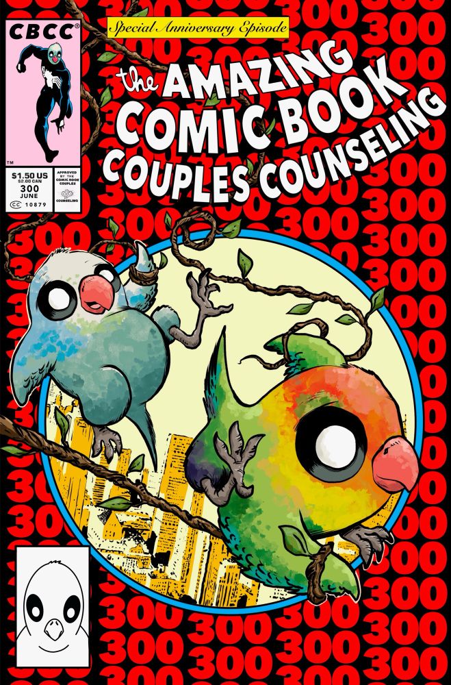 The Amazing Spider-Man #300 Show Poster featuring two Lovebirds flying through a circular window, showcasing a cityscape behind them. The Lovebirds swing on branches, not webs. Surround them is a waterfall of red 300s. In the corner box, a Lovebird dressed in a black Spider-Man costume runs toward camera.