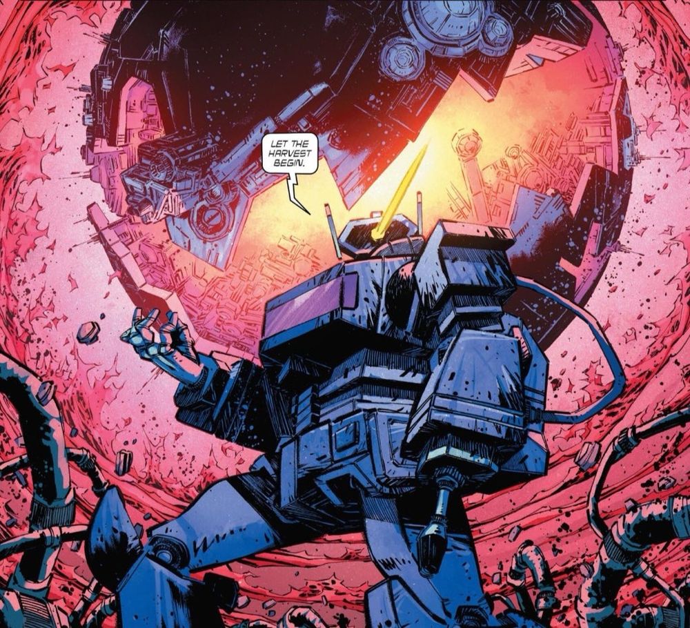 Shockwave looks upon the reader as Cybertron rises above. He speaks, "Let the Harvest begin."