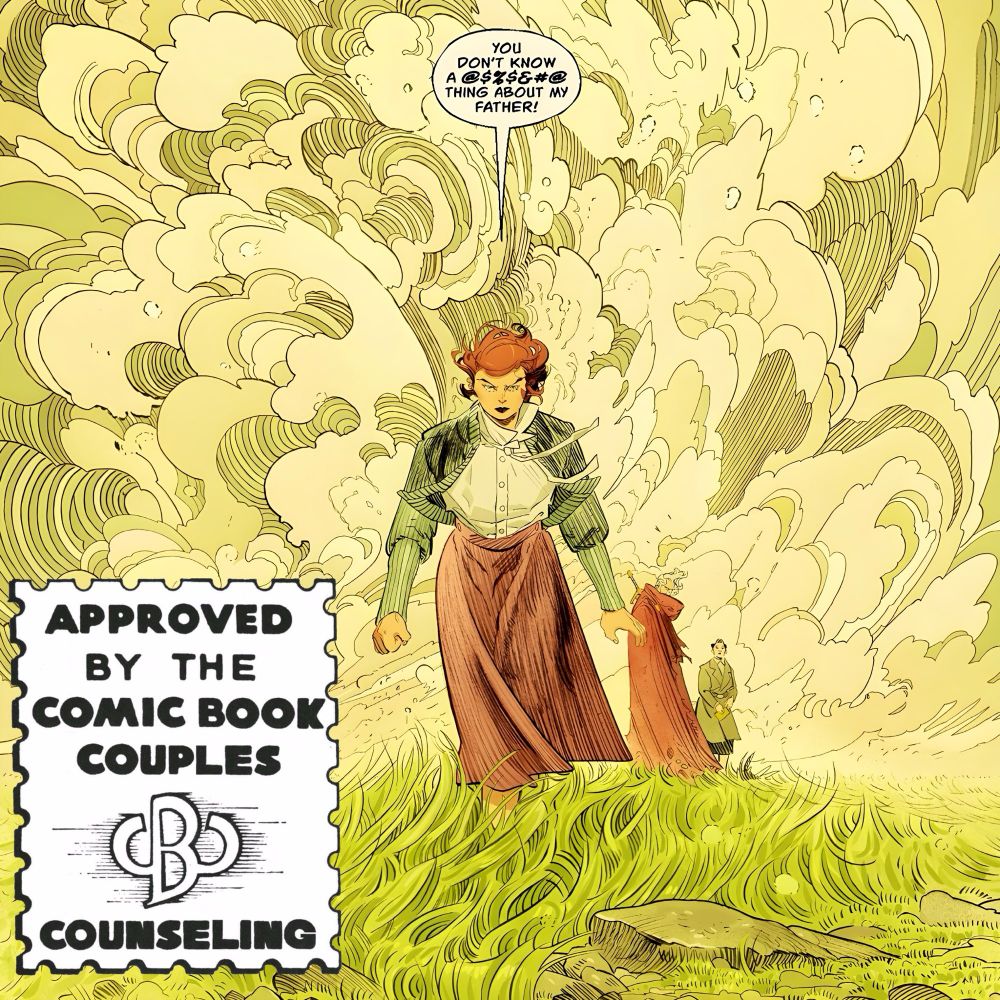 A panel from Helen of Wyndhorn, out now in Hardcover from Dark Horse Comics. Helen storms away from her warrior grandfather & governess. She tells them, "You Don't Know A @$%$&#@ Thing About My Father." The wind whips behind her, matching her anger & determination.