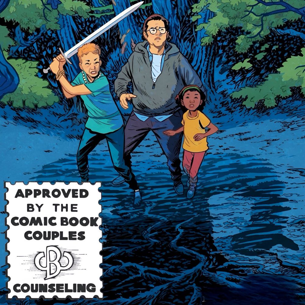Stan, his daughter, and mom, who is carrying a sword, stand in the shadow of a titan. From THE WRITER, out now from Dark Horse Comics.