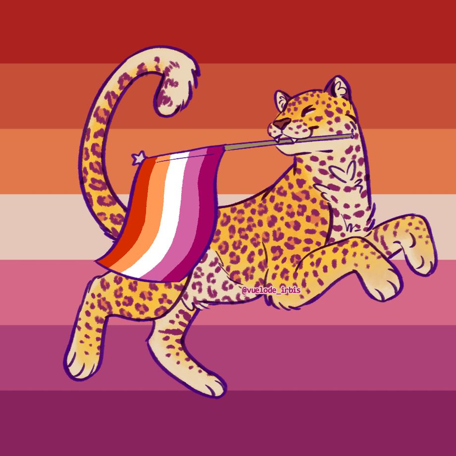 A leopard floating in the air while holding a flag of the lesbian pride. The background is the same flag but desaturated.