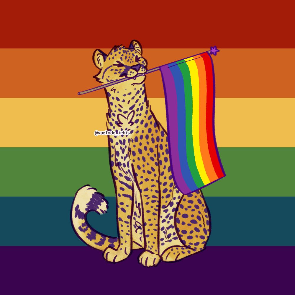 A cheetah sitting down and holding the rainbow flag. The background is the same flag but desaturated.