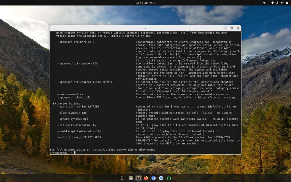 The output of `yt-dlp --help` showing the `--sponsorblock-remove CATS` option.