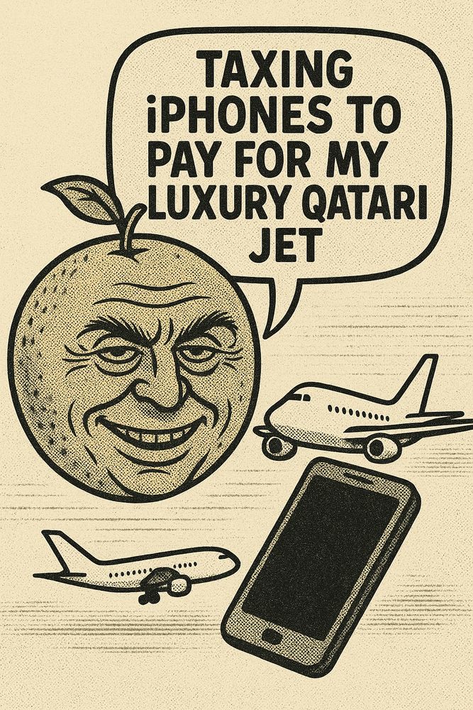 Can you create an image of an orange fruit with a face of an old man who’s used too much tanner and has a crooked menacing smile, that says “taxing iPhones to pay for my luxury Qatari jet” the background has a phone and a 747