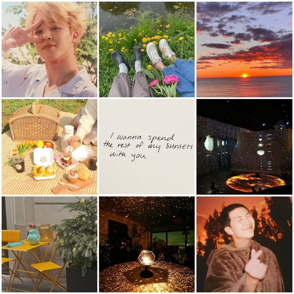 blond jimin posing with a peace sign in his eyes
two pairs of feet in the grass in front of a lake
sunsetting in the sea
the set up of a picnic on the ground
the sentence "i wanna spend the rest of my sunsets with you"
a picture of the planetarium with the moon phases
a yellow set of table and chairs
another picture of the planetarium with lots of stars reflecting the room
namjoon making finger heart and smiling in the sunset