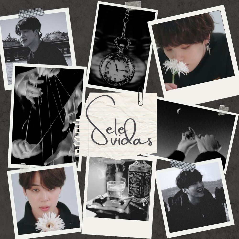 a collage of polaroids where:
1. picture of jimin on a beach
2. picture of a clock swinging side to side.
3. picture of yoongi smelling a flower.
5. picture of many hands with threads, probably wool, tangled.
6. a note reading "sete vidas".
7. to hands holding by the thumb/pinky and the moon on the left corner
8. jimin holding a flower.
9. whisky and cigarettes
10. picture of yoongi on a beach.