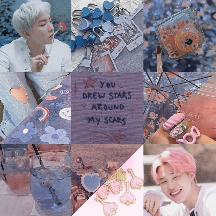 a 3x3 moodboard divided in three diagonally. the upper left part is mainly blue. the first picture is blond hoseok smelling a red flower with a serious face. the one next to it is the picture of many blue heart locks. the picture under hoseok is of jeans that's rip and shaped as a heart picture.

the bottom right part is mostly pink. the first picture is of jimin smiling and with pink hair. the picture next to him is of many heart-shaped pink and golden keys. the picture above him is of a cold pink beverage in a to-go transparent cup, and fingers with many rings holding it.

the middle part of the moodboard is a mix or blue, pink and purple. the centered picture is an embroiderer of the lyrics "you drew stars around my scars", from taylor swift, in purple. diagonally above, its the picture of a light orange polaroid camera. the picture next to it is of polaroid pictures. the picture under it is of a transparent umbrella with pink flowers. under taylor swift's lyrics is the picture of two glasses, one with pink and other with blue content. next to this picture is the setting of a picnic on a beach with blue and pink undertones. above the glasses is the picture of rainbows, flowers and smiley stickers glued to the asphalt.