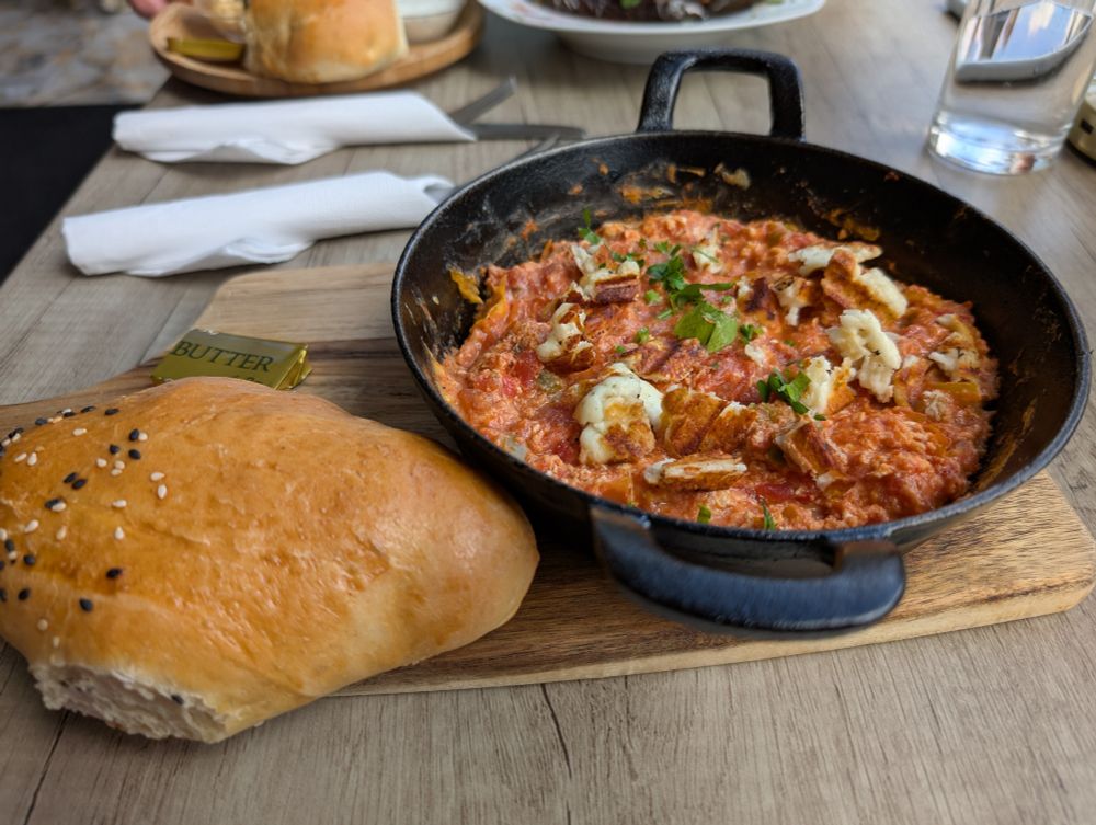 Skillet of menamen (with halloumi) and Turkish bread